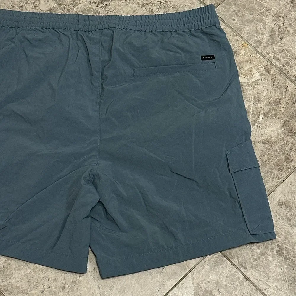 Pacsun Men’s Nylon Cargo Shorts Blue NEW Large Elastic Waist Casual Streetwear